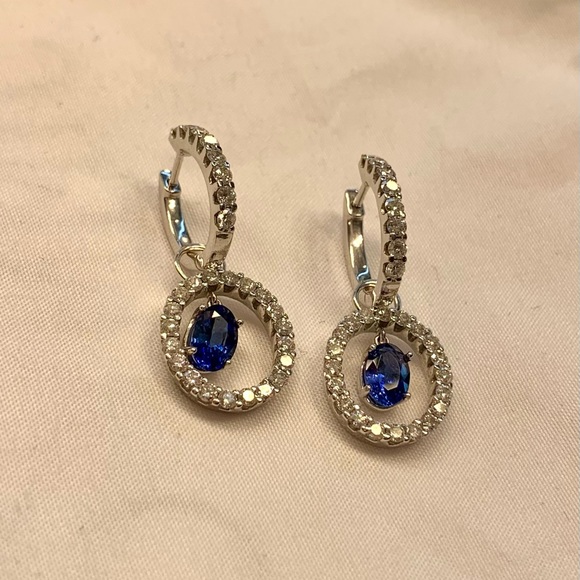 Genuine Diamond & Sapphire Double Hoop Earrings in 18k White Gold - Picture 8 of 8